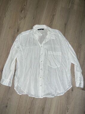 Zara 100% Linen Button Down Shirt White Long Sleeve XL Lightweight Pocket Women